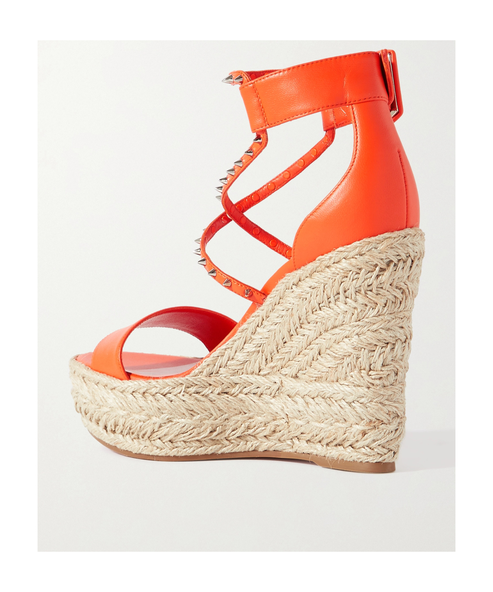 Christian Louboutin Leather Spikes Red Sole Wedge Espadrilles In Nude