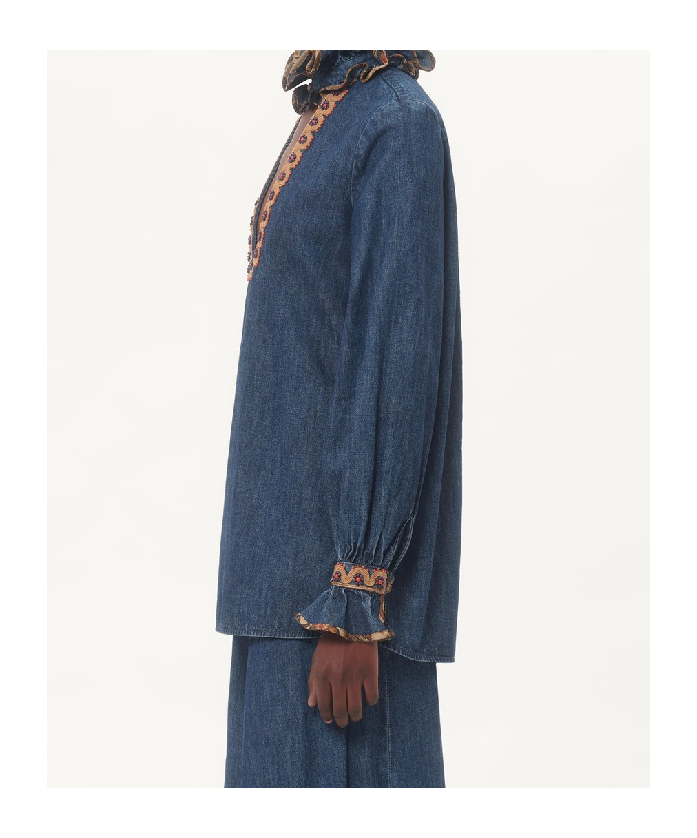 VALENTINO EMBROIDERED CHAMBRAY BLOUSE