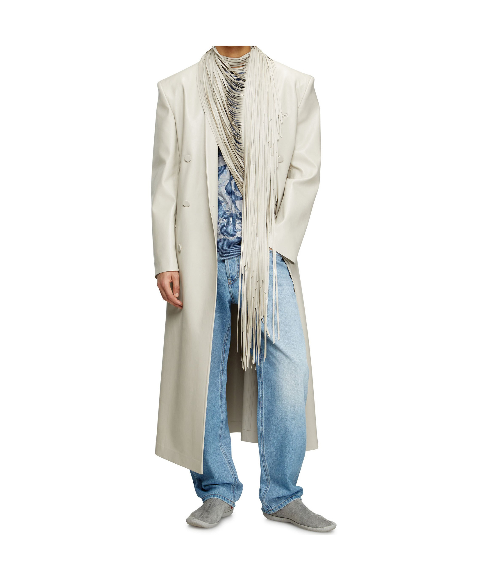 Diesel Long Coat With Shredded Scarf Fringing In White