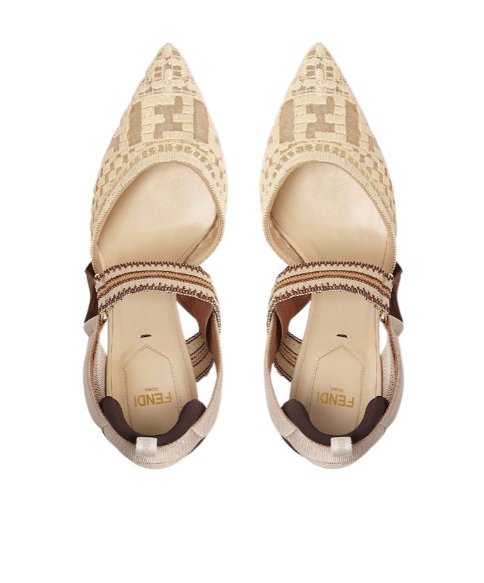 Fendi Medium-heeled Mesh Slingbacks With Raffia Ff Embroidery In Beige