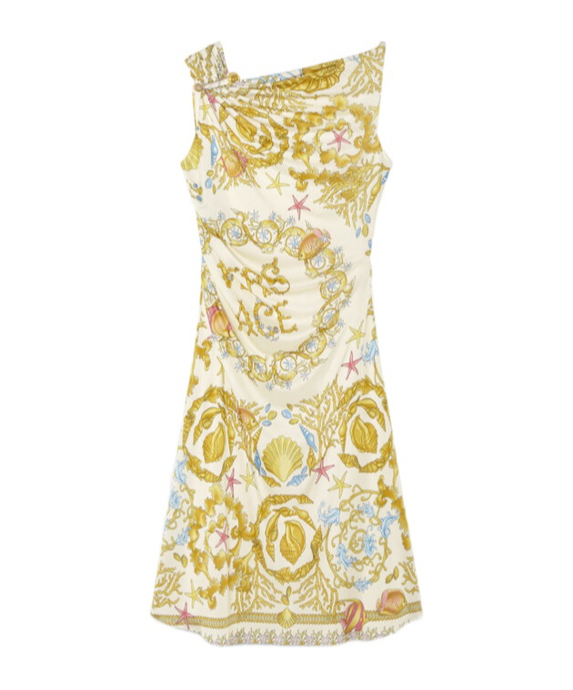 Versace Underwater Barocco Multicolor Sleeveless Dress With Tie Detail On The Sleeve And All-over Barocco Mo