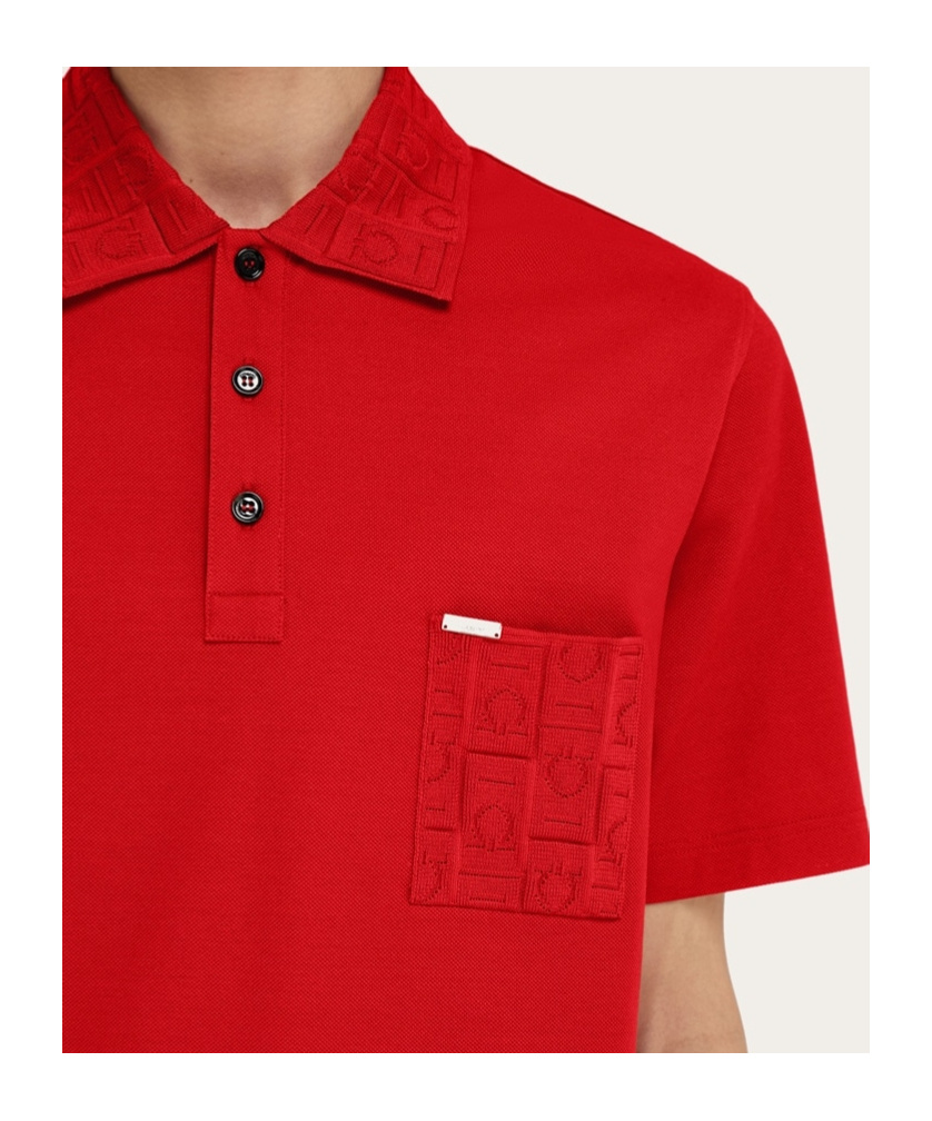 Ferragamo V-neck Polo With Jacquard Pocket Detail In Red