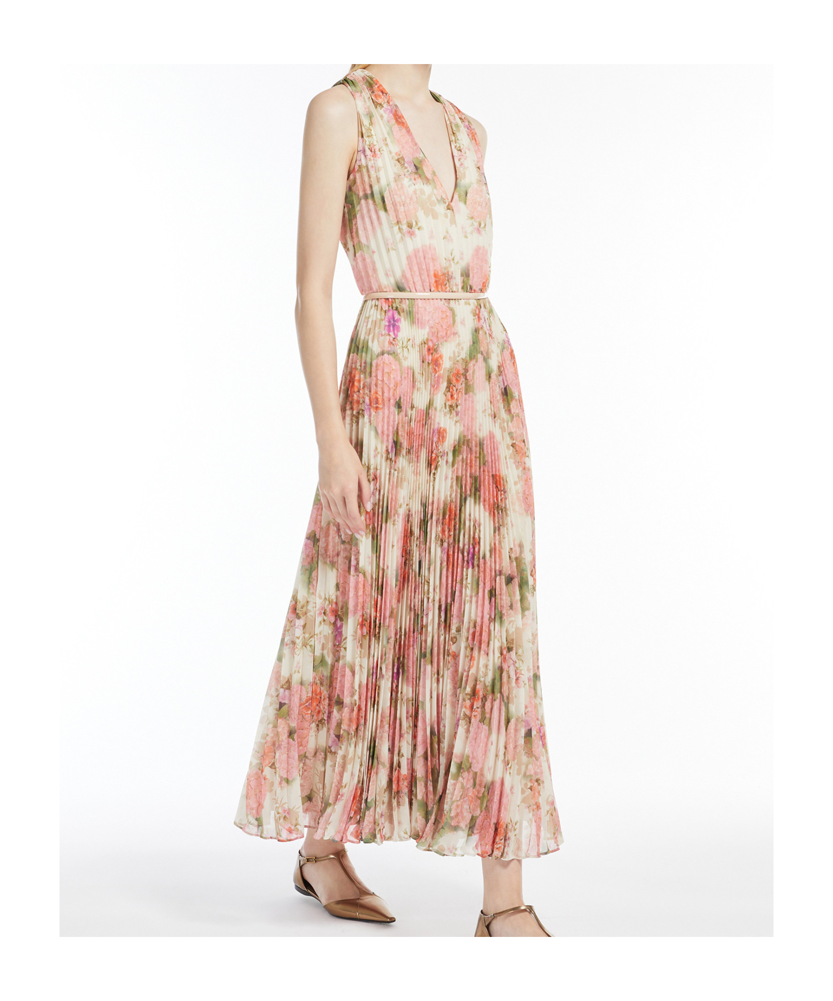 Max Mara Abito Svasato In Georgette Fantasia In Nude