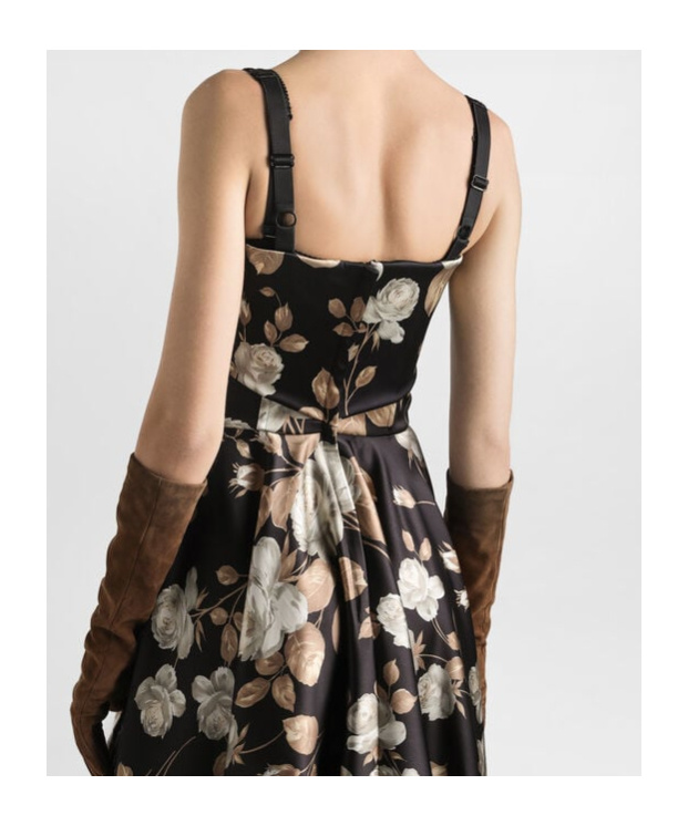 Dolce & Gabbana Vintage Rose Print Satin Dress In Black