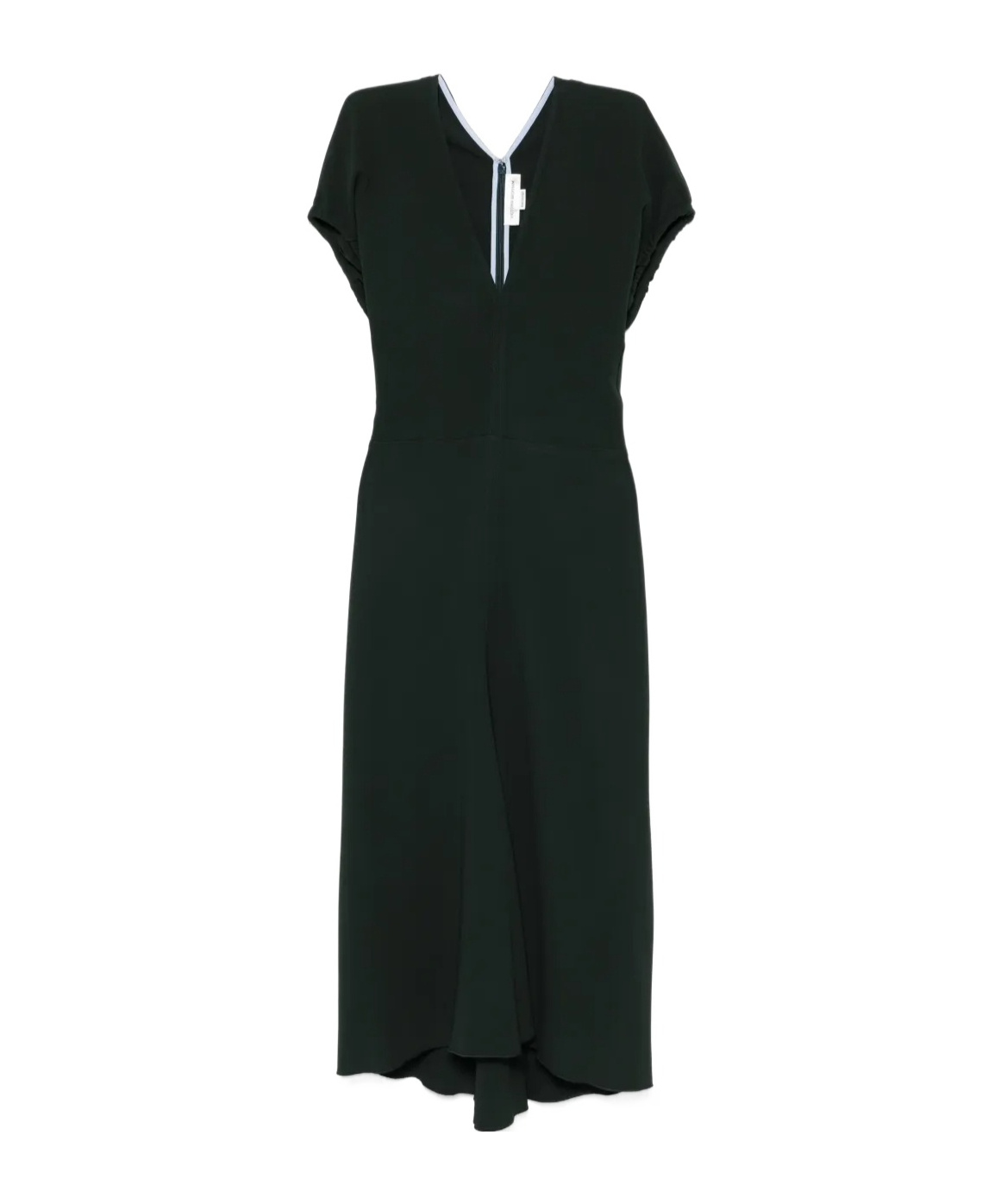 Victoria Beckham Green Midi Dress With Ruched Sleeves And V Neck