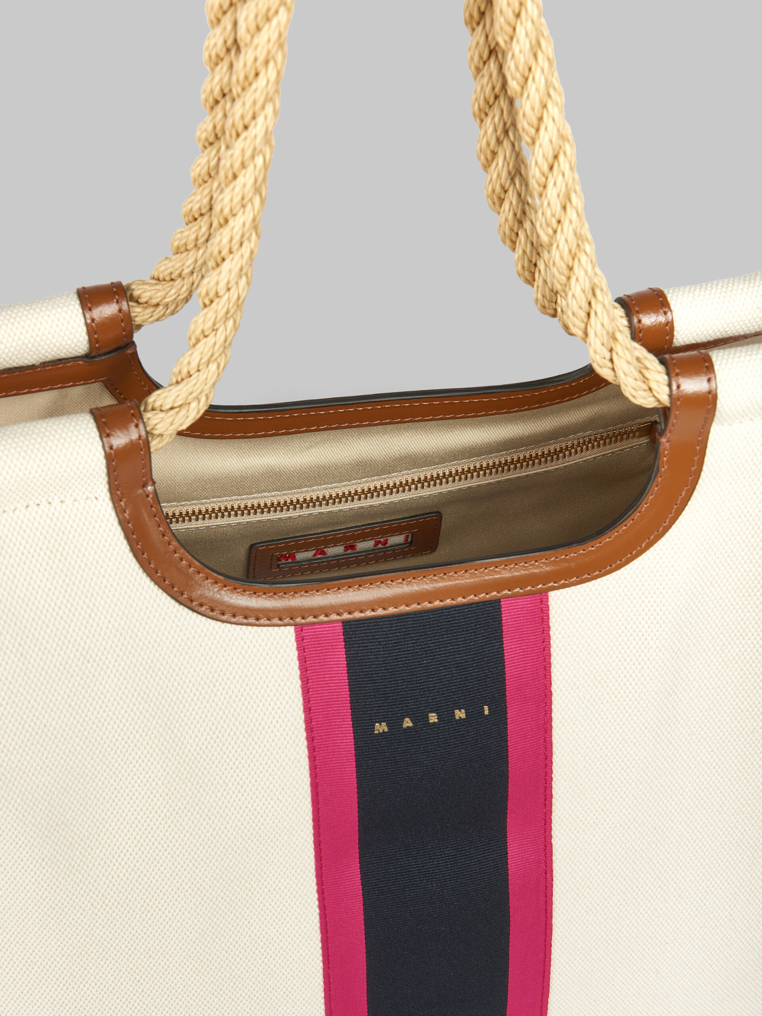 Shop Marni Cream Canvas Marcel Tote With Striped Tape In White