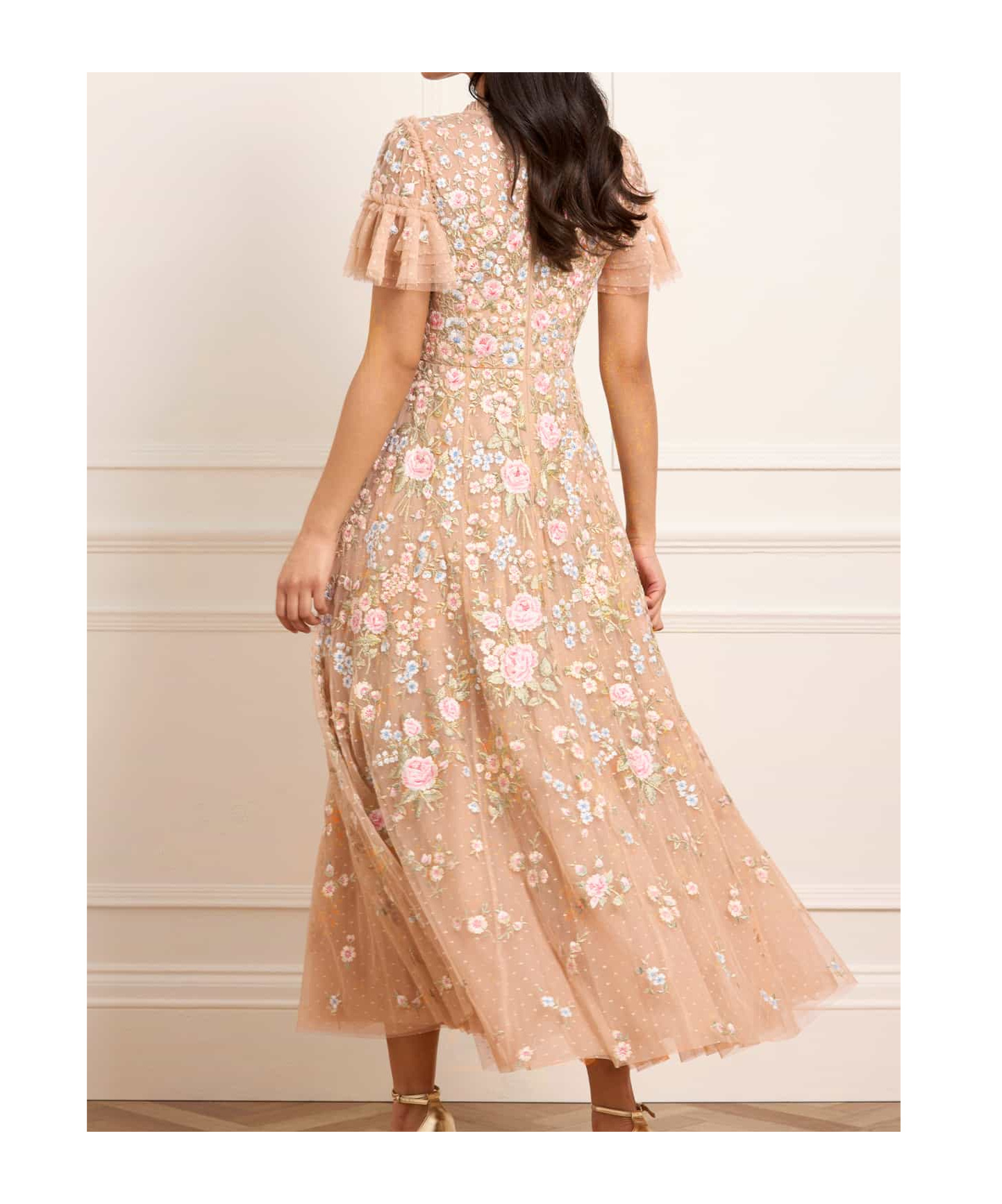 Needle & Thread Antoinettes Embroidered-sequins Ruffled Midi Dress In Neutral
