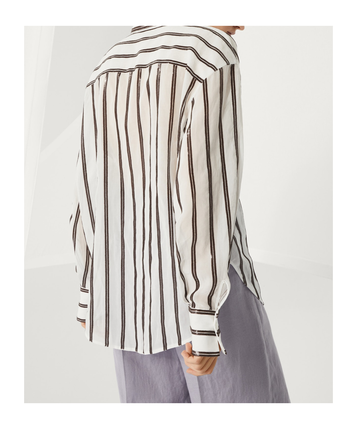 Brunello Cucinelli Sequined Stripe Button Down Gauze Blouse In Gray