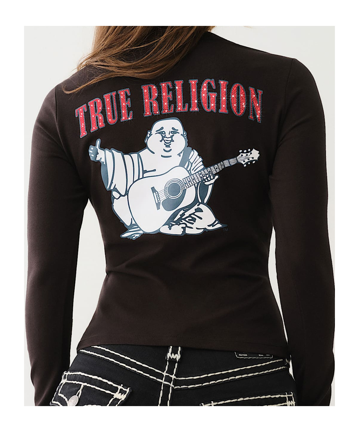 TRUE RELIGION CRYSTAL LOGO LONG SLEEVE V NECK TEE