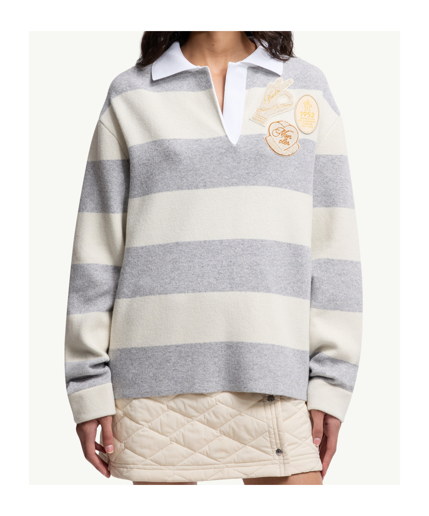 Moncler Striped Wool And Cotton-blend Polo Shirt In Gray