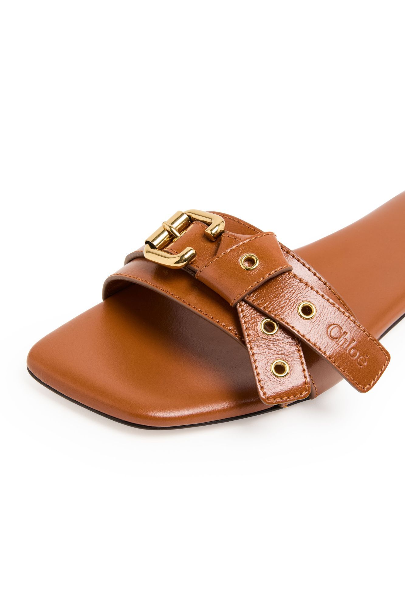 Chloé Mae Leather Buckle Flat Slide Sandals In Brown