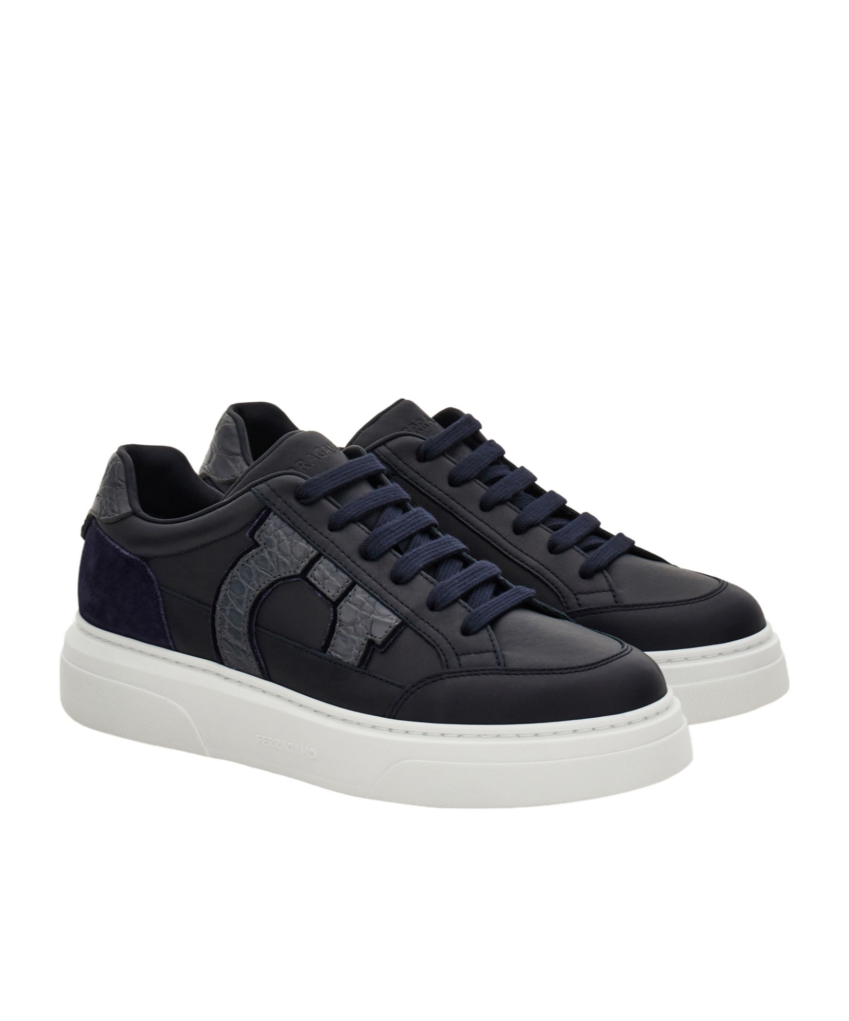 Ferragamo Low Top Sneaker With Gancini Ornament In Black