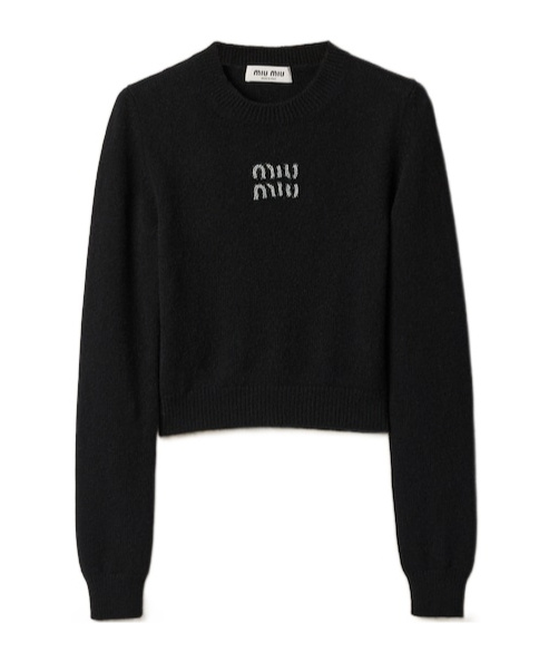 Miu Miu Logo Embellished Cropped Knit Sweater In Black