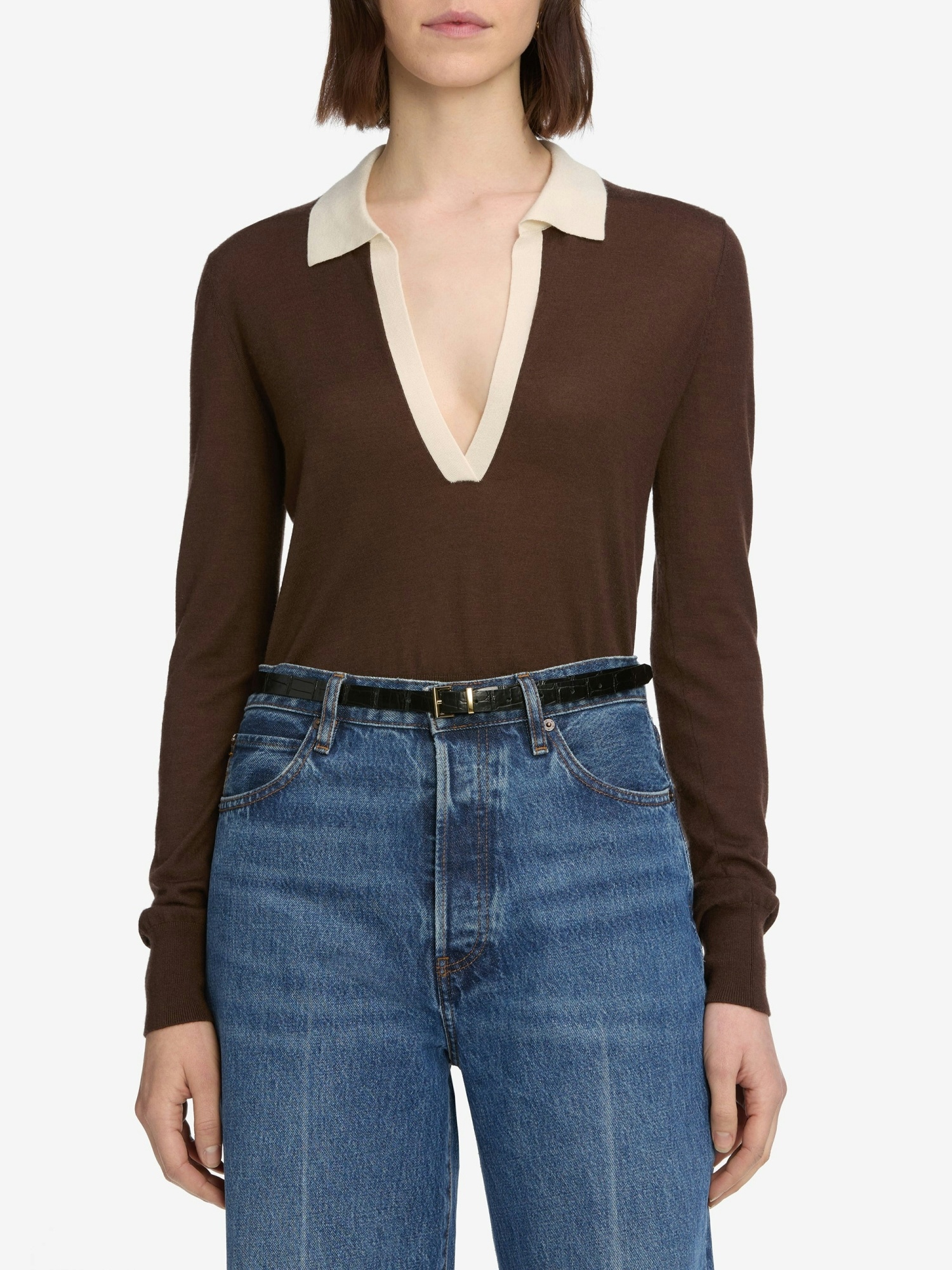Frame Two-tone Long-sleeved Polo Shirt In Brown