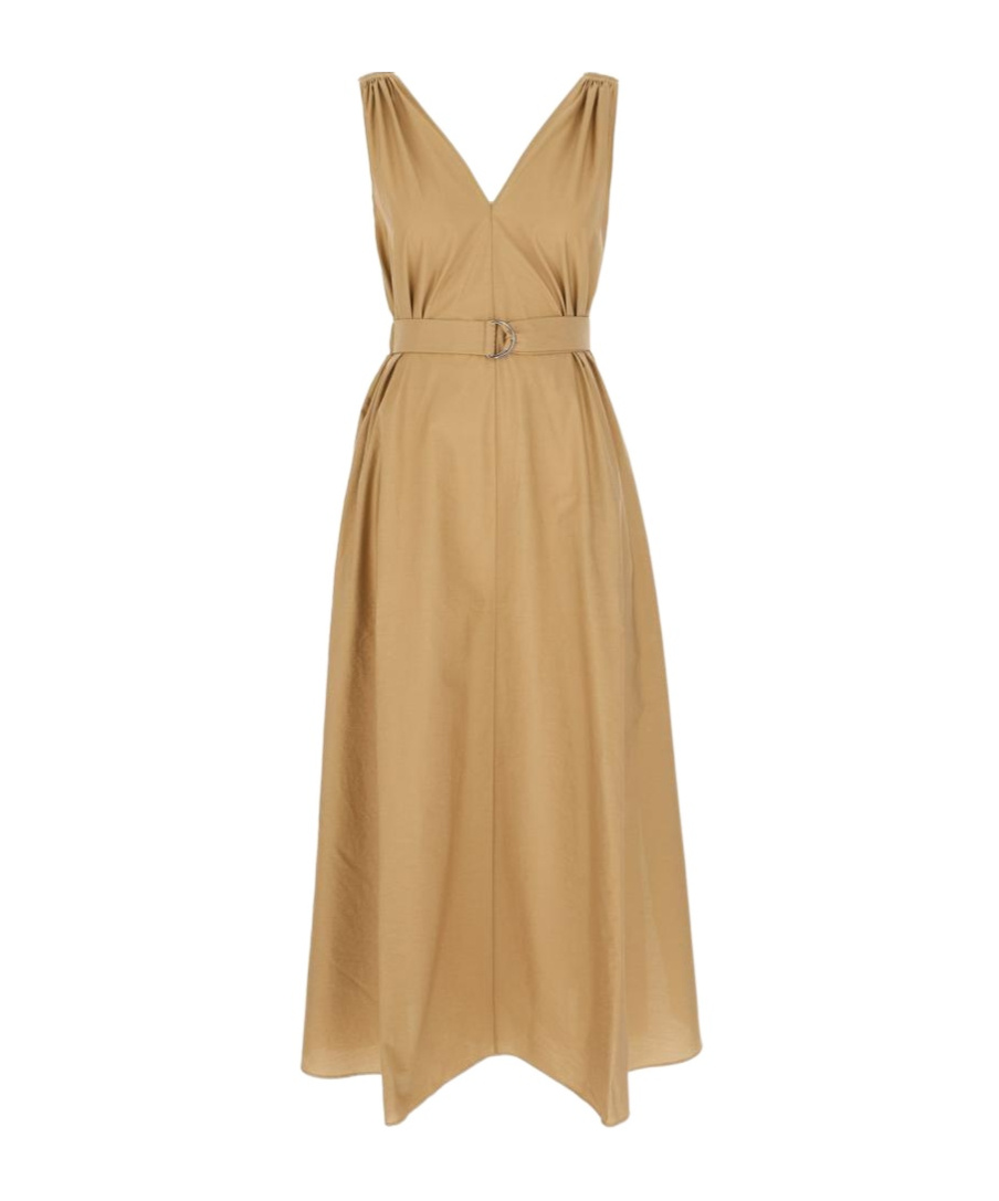 Brunello Cucinelli Popeline Dress With A-line Silhouette And Belted Waist In Brown