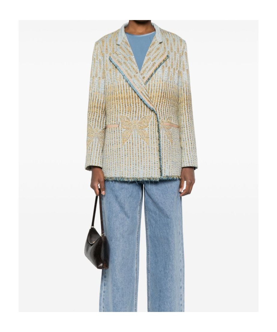 Forte Forte Textured Jacquard Blazer With Notched Lapel And Frayed Edges In Blue