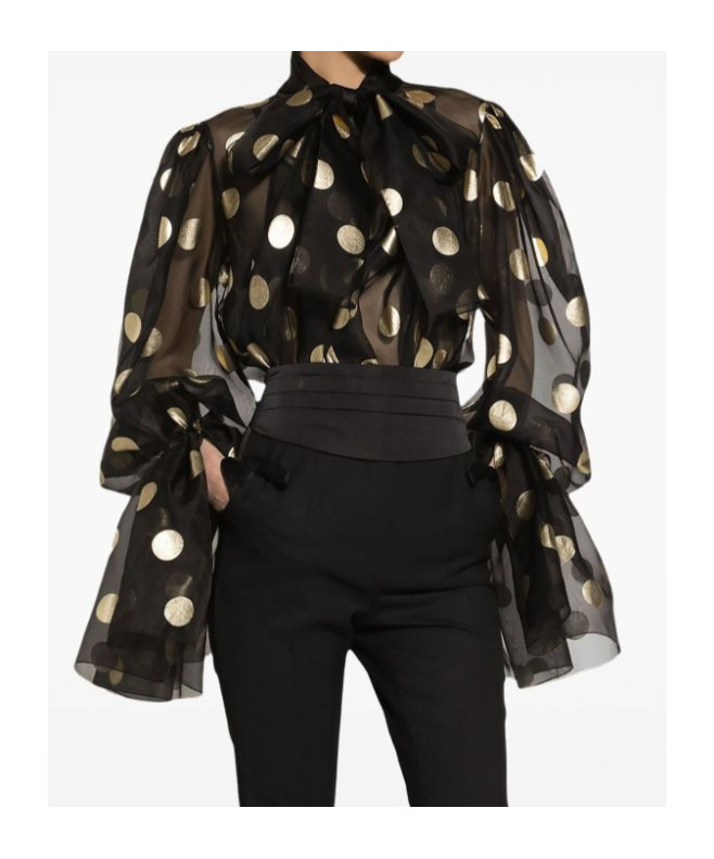 Dolce & Gabbana Silk Organza Lamé Polka Dot Blouse In Black