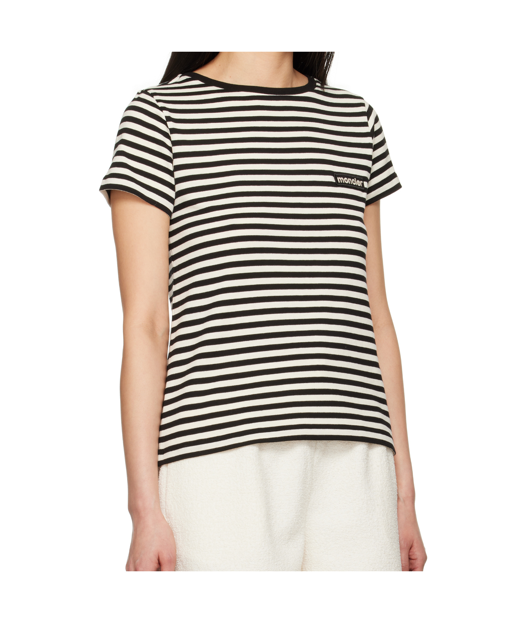 Moncler Black And White T-shirt With All-over Striped Motif And Logo Patch On The Chest In Cotton Wo In White
