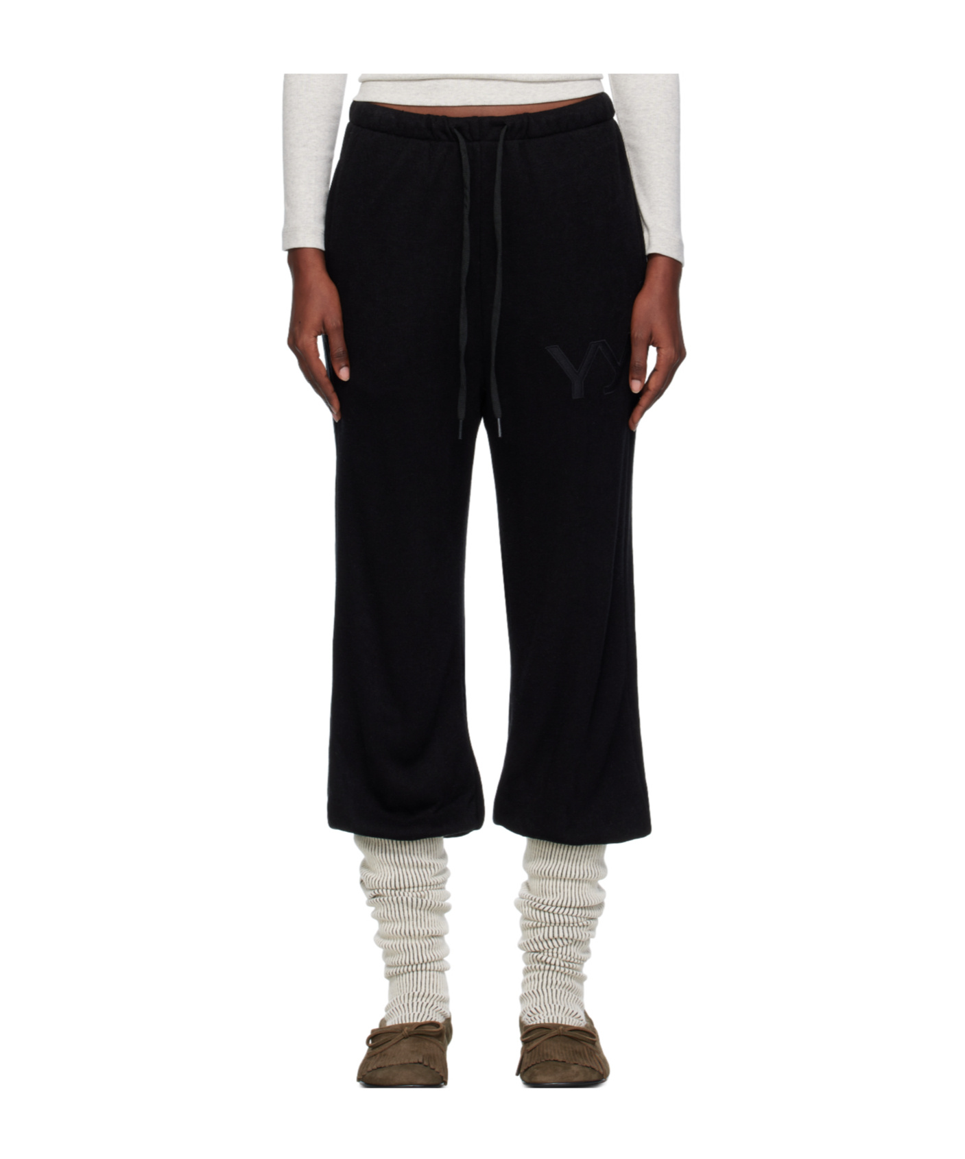 Open Yy Layered Knee-high Socks Lounge Pants In Black