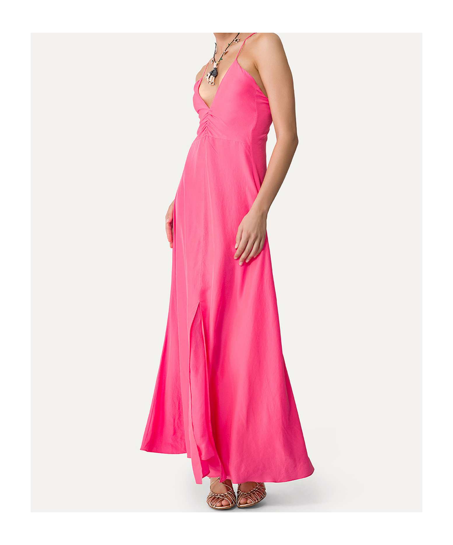 Forte Forte Fuchsia Sleeveless Long Dress With Criss-crossed Spaghetti Straps And Rear Button Closure In Tech Fa