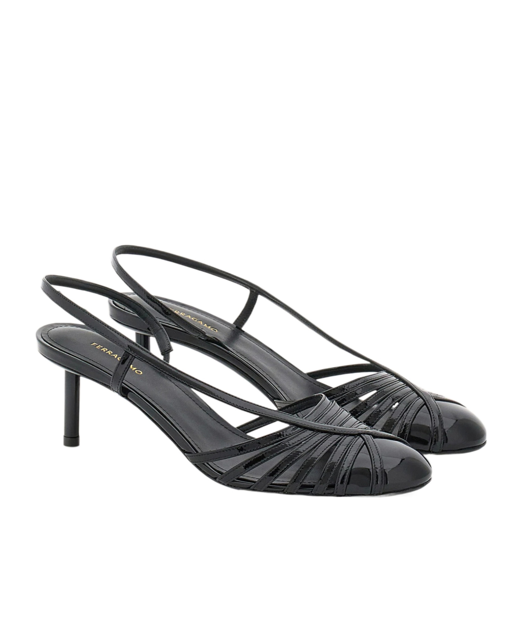 Ferragamo Glossy Strappy Pumps With Patent Accents In Black