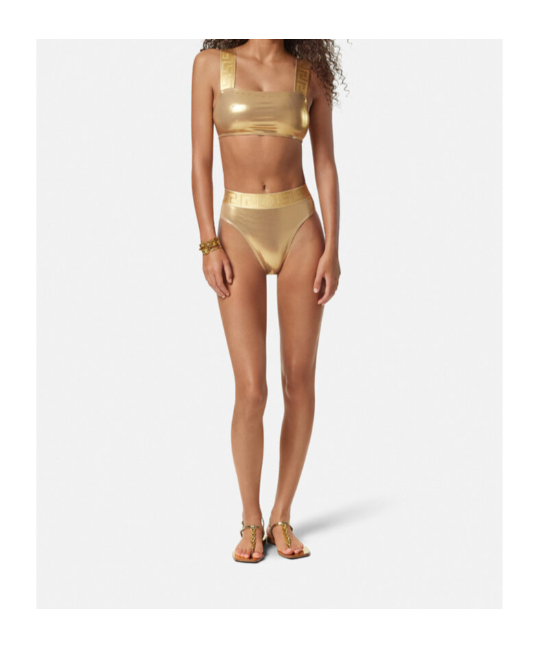 Versace Women Greca Border Bikini Bottoms With Metallic Finish In Nude