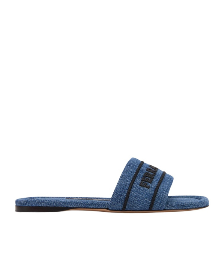 Ferragamo Slider Sandals Featuring A Denim Strap In Multi