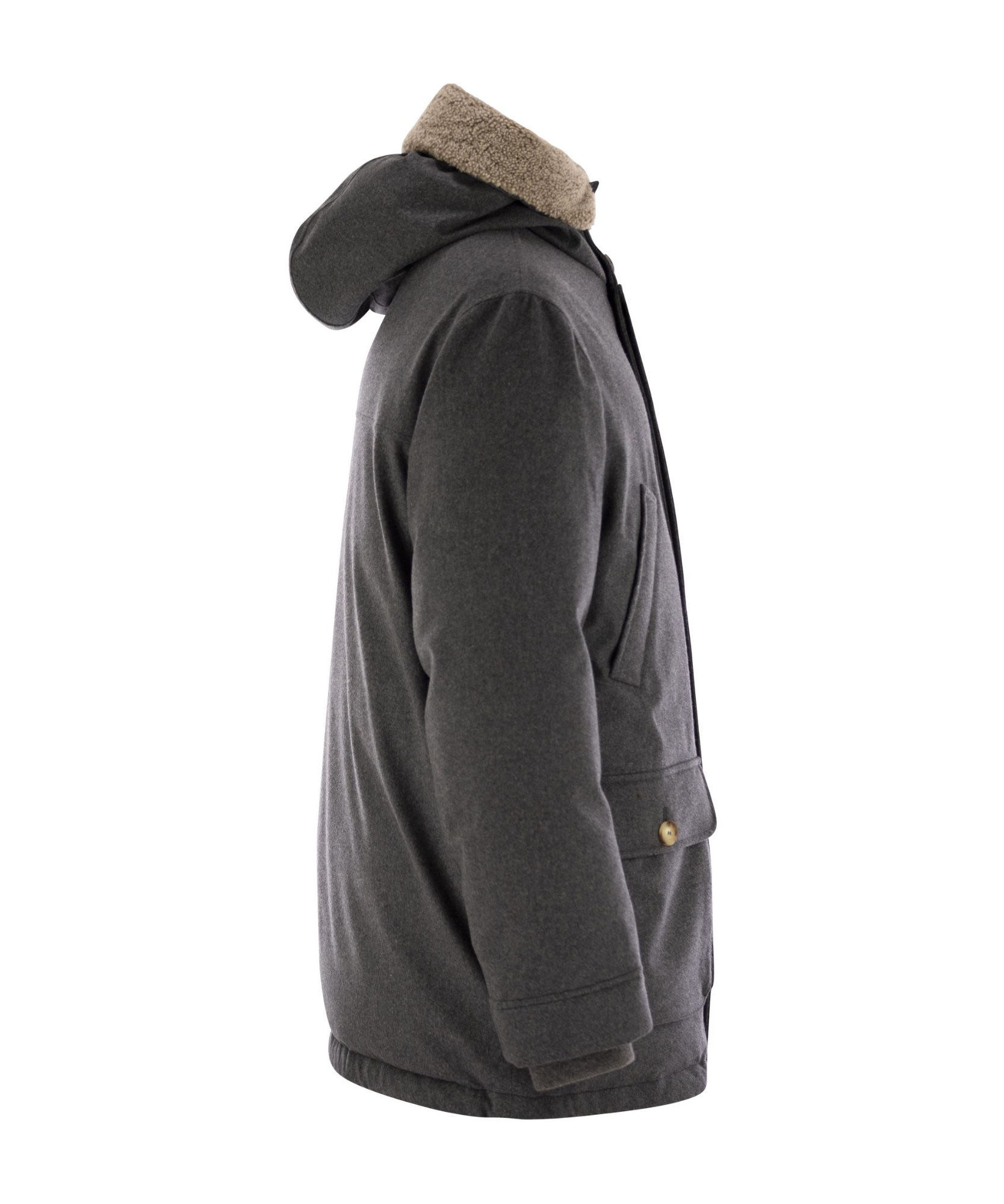 Brunello Cucinelli Men Membranated Wool Flannel Parka Down Jacket With Hood And Shearling Insert In Black