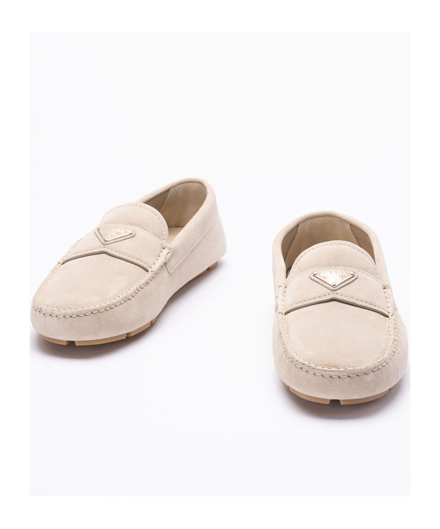 Prada Triangle Logo Suede Loafers In Nude