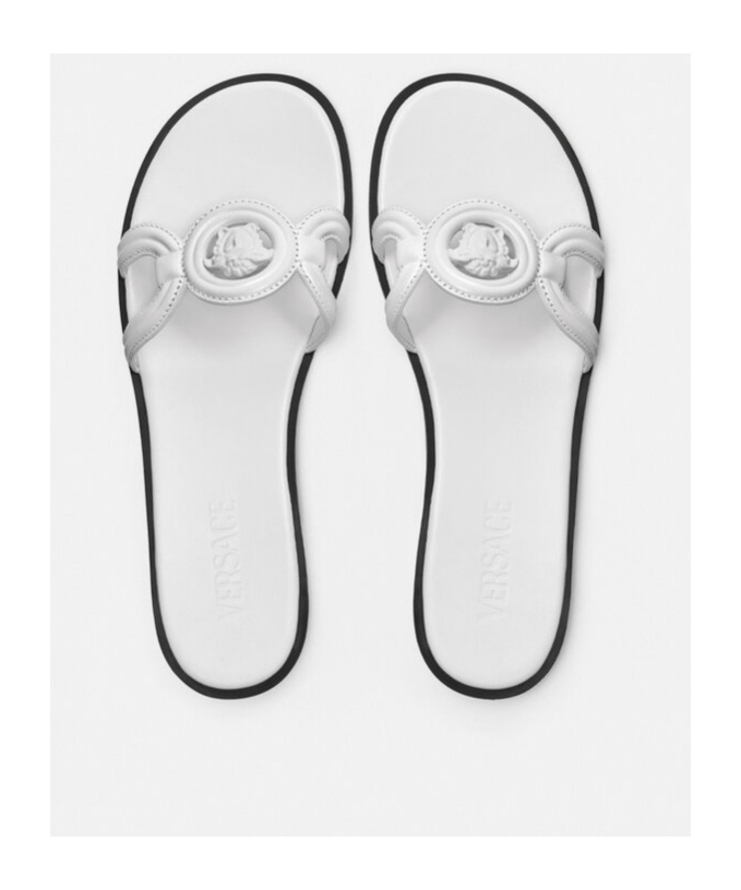Versace Medusa Leather Flat Slide Sandals In White
