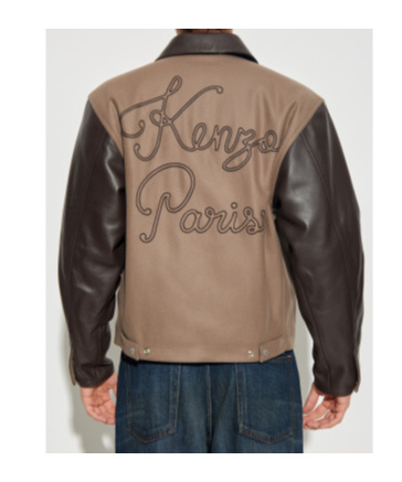 Kenzo Leather-sleeved Embroidered Jacket Coats Beige In Brown