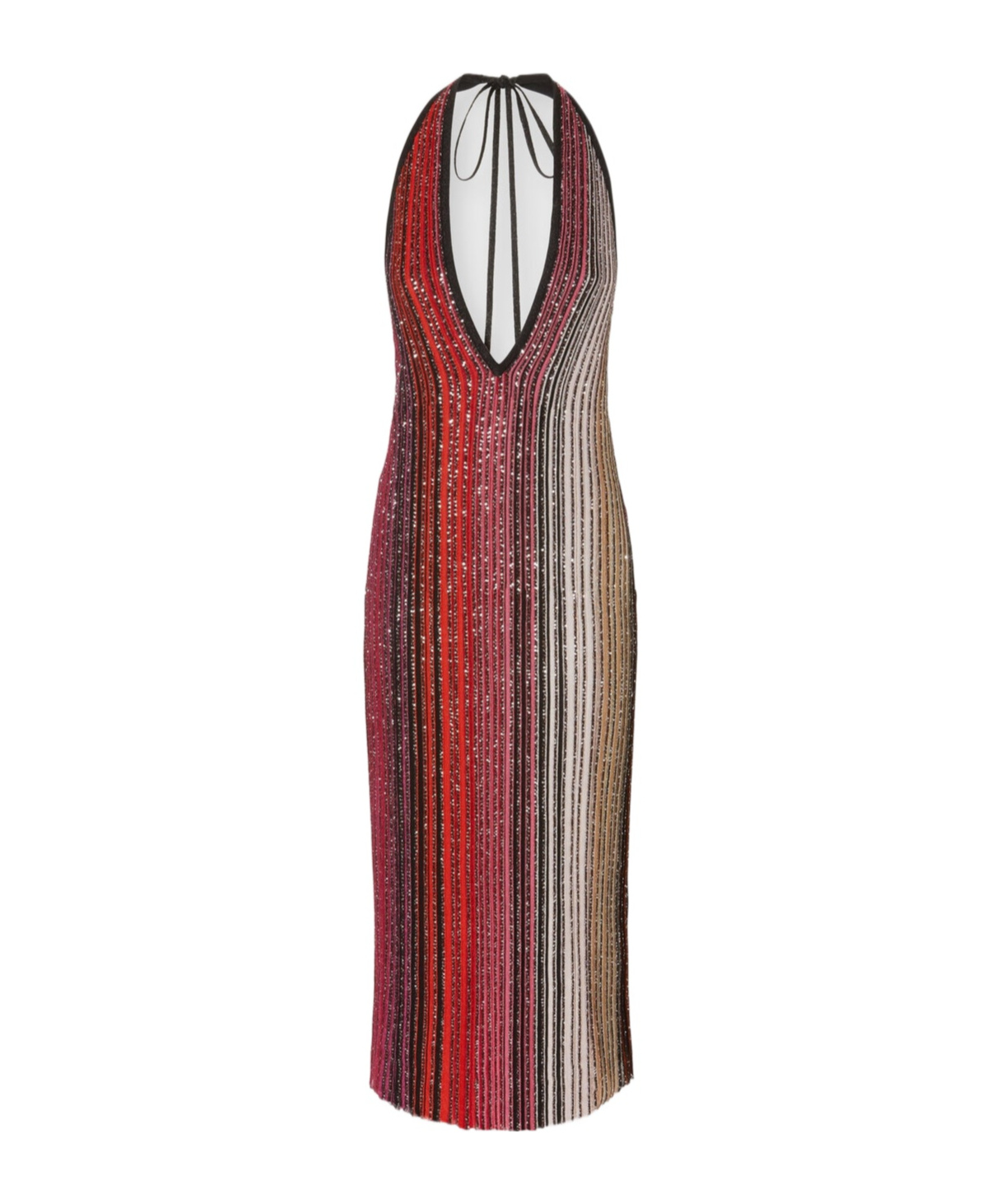 Missoni Striped Partialized Midi Dress With Sequins And V-neck In Black And Red