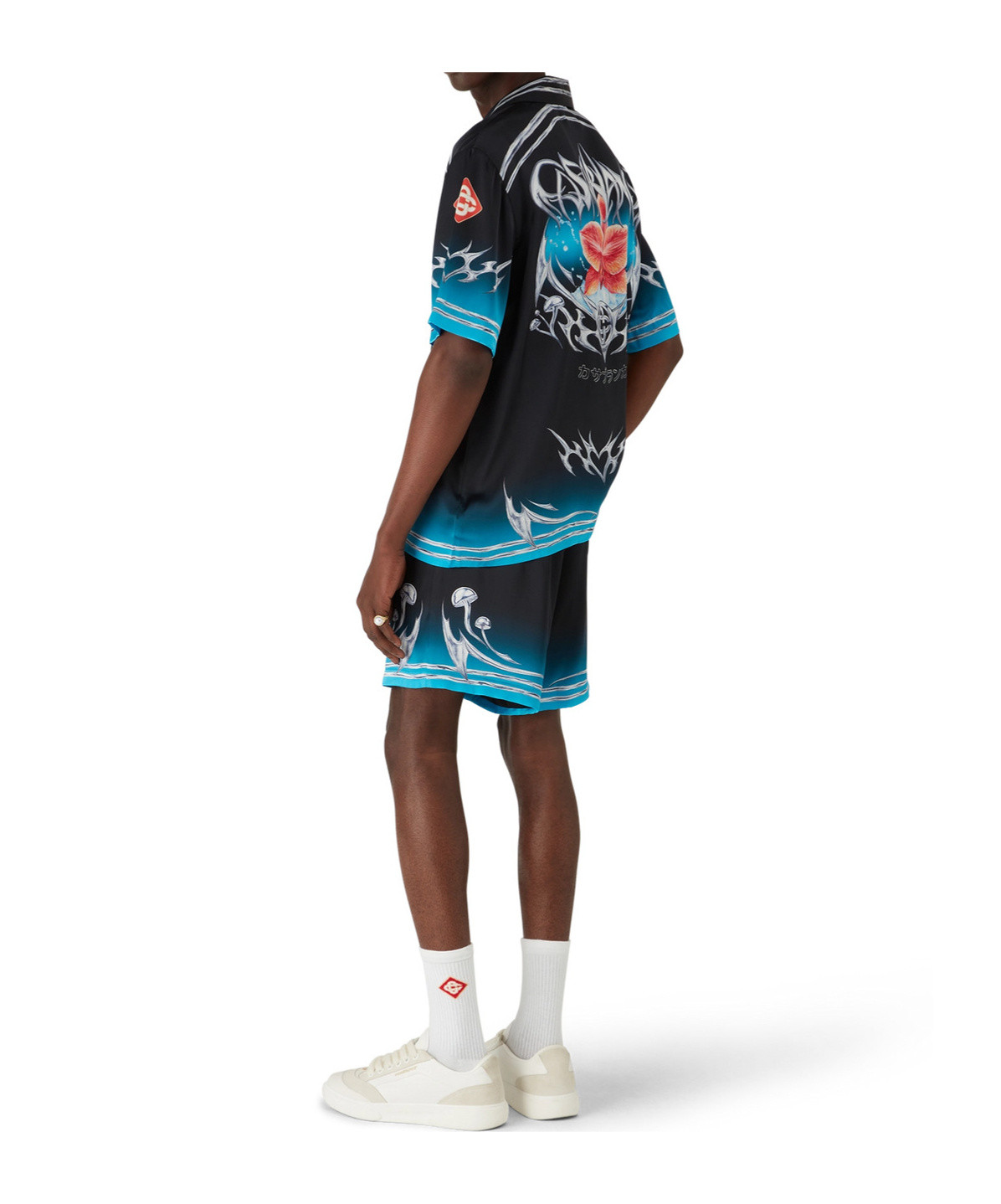 Casablanca Blades Orchid-print Cuban-collar Shirt In Black