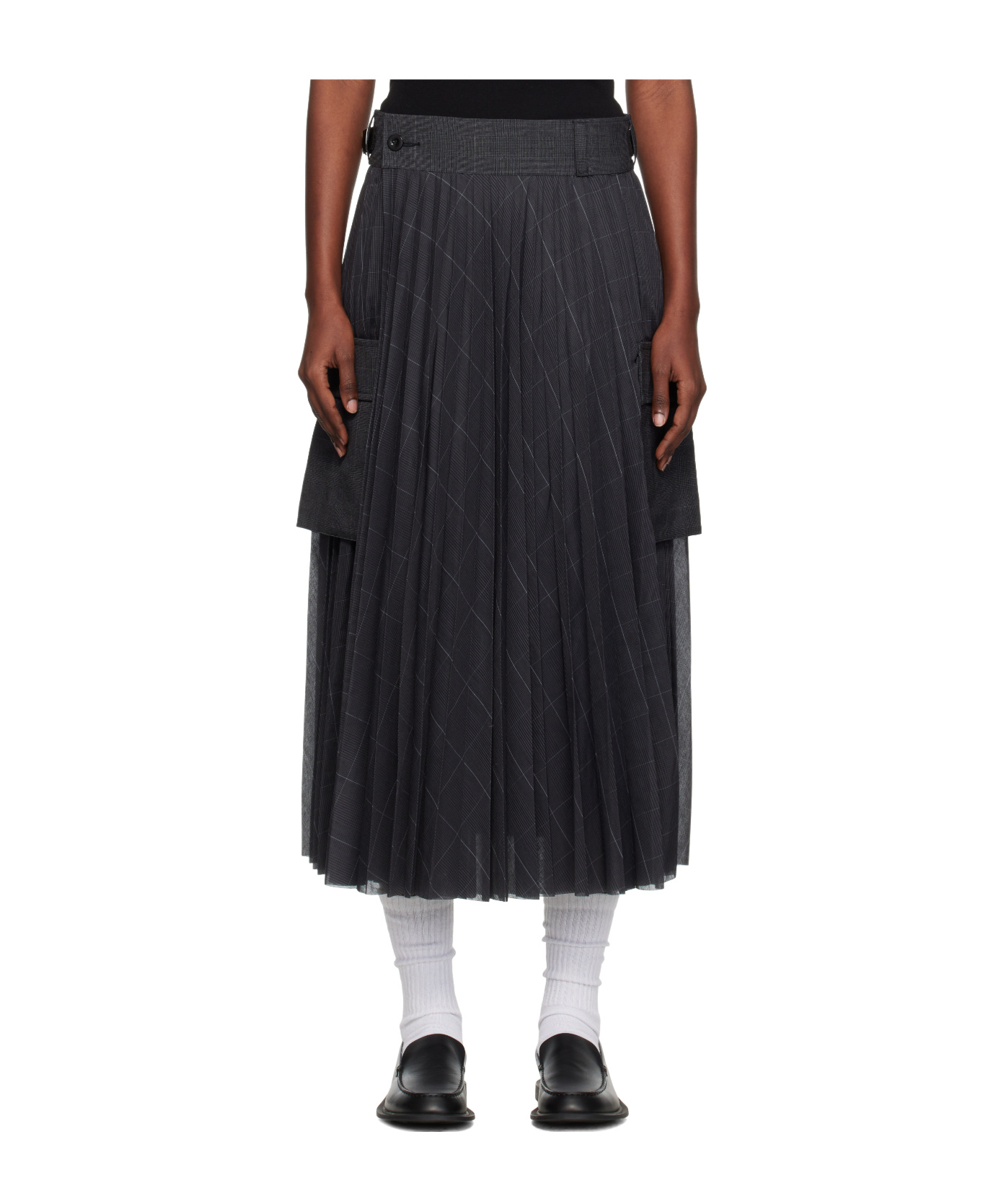 Sacai Plaid Midi Skirt In Gray