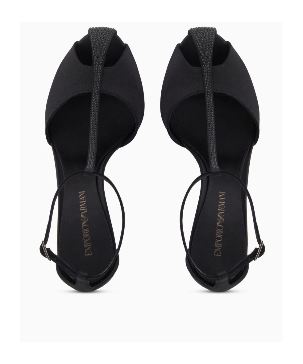 Emporio Armani Satin T-bar Sandals With Rhinestones In Black