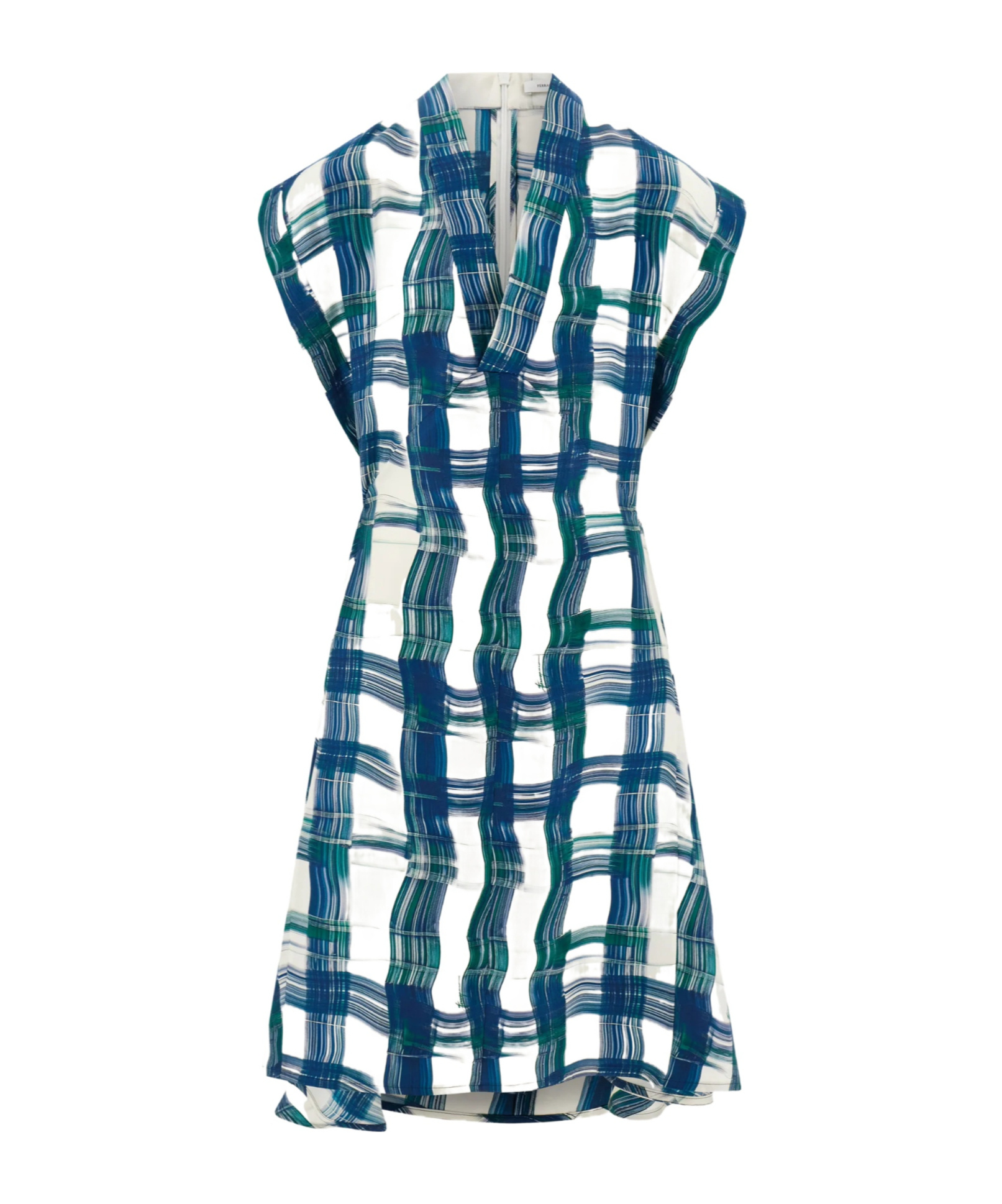 Ferragamo Brushstroke Check Short Silk Dress In Blue