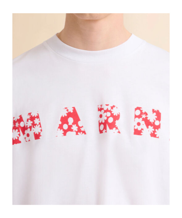 Marni T-shirt With Red Pop Fields  Logo In Lily White