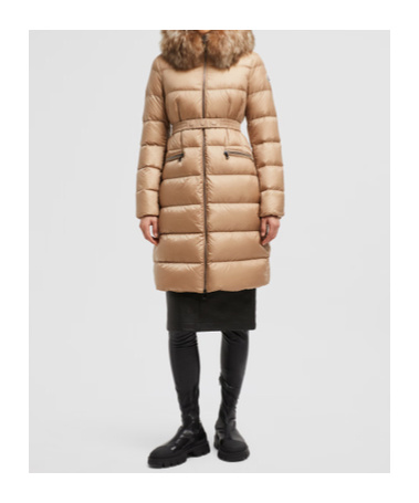 Moncler Doudoune Longue À Capuche Bordée De Shearling Boedic In Brown