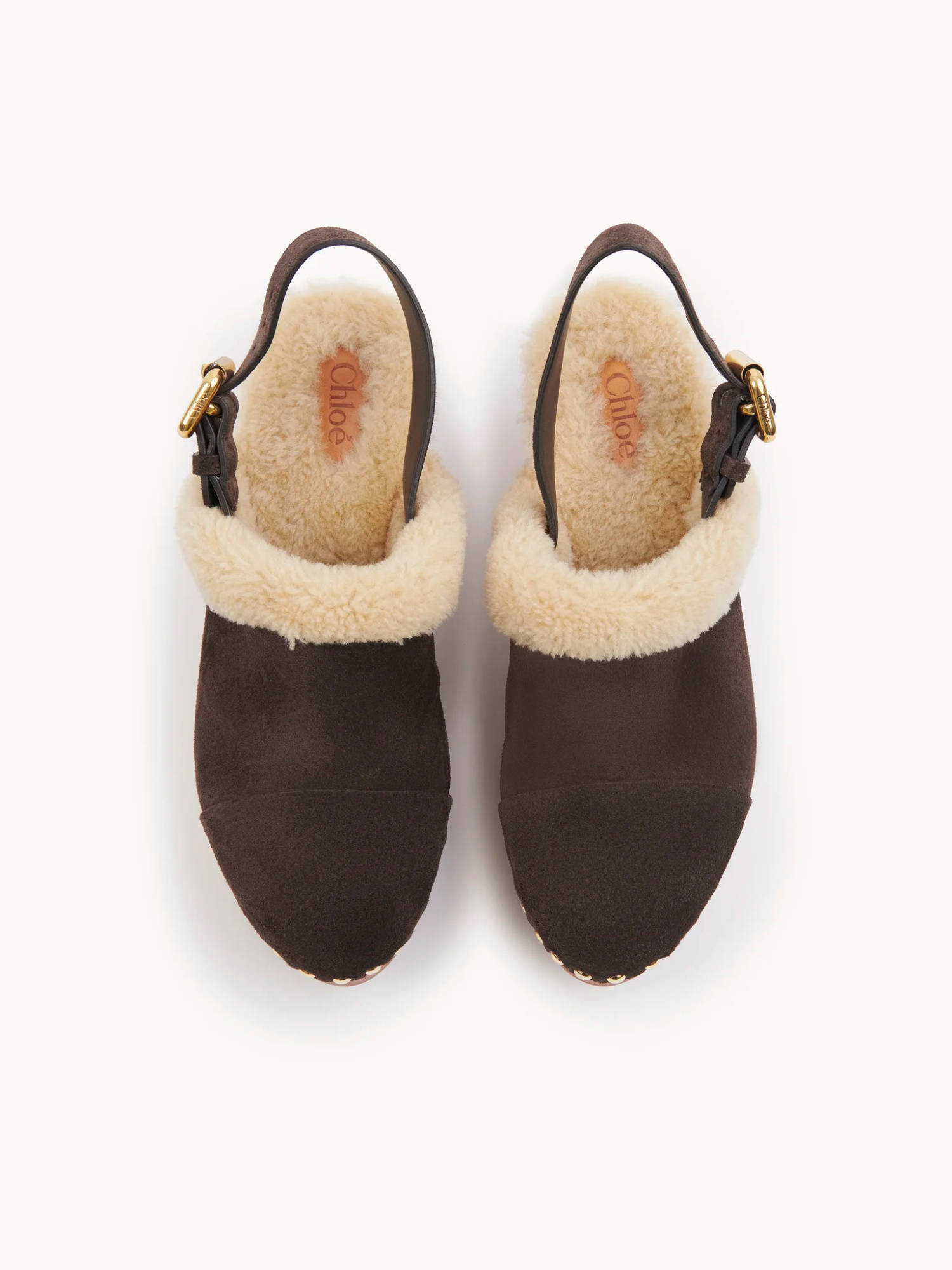Chloé 80mm Shearling-trimmed Studded Clog In Brown