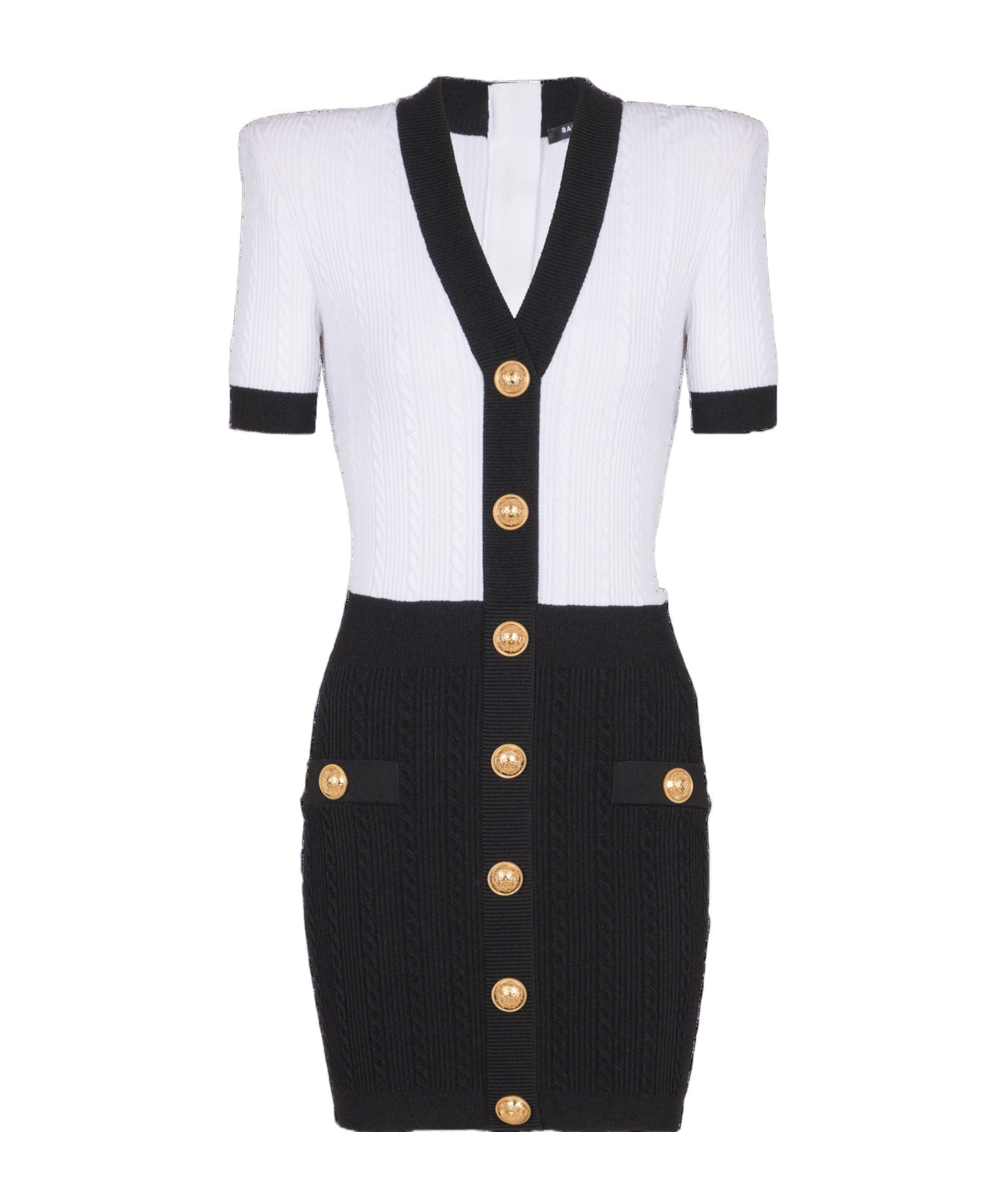 Balmain V-neck Buttoned Strong-shoulder Torsade Knit Mini Dress