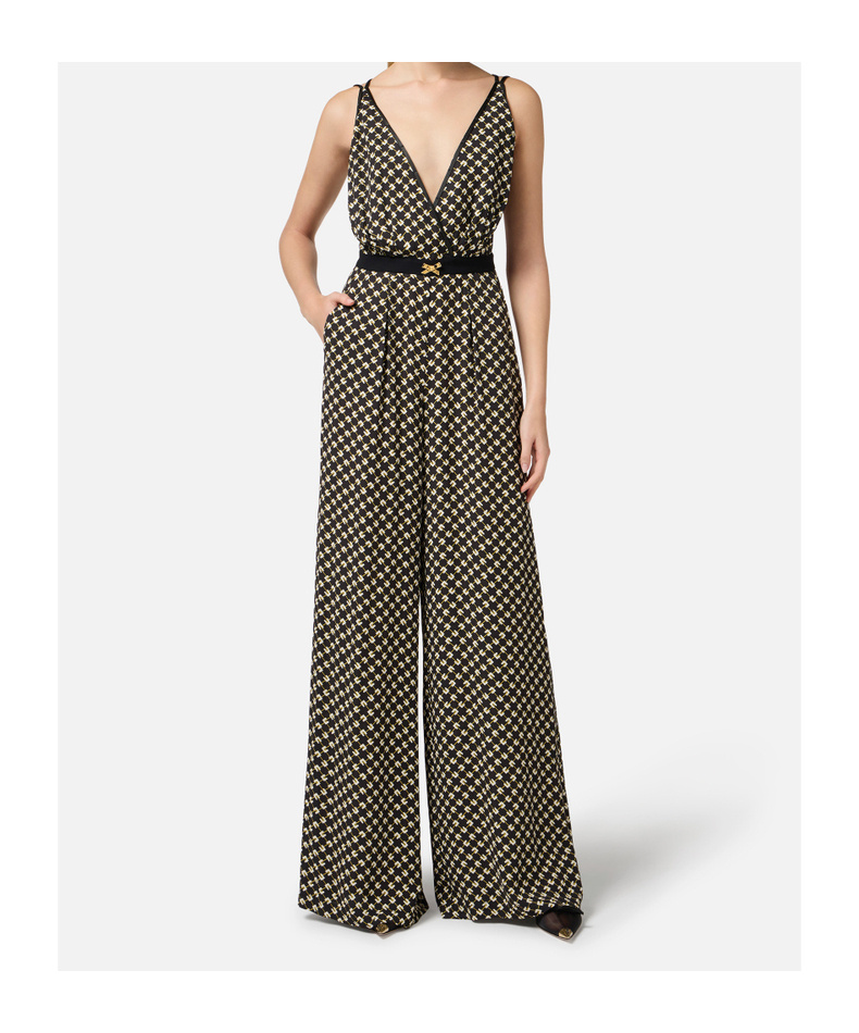Elisabetta Franchi Black Diamond Print Georgette Jumpsuit In Black