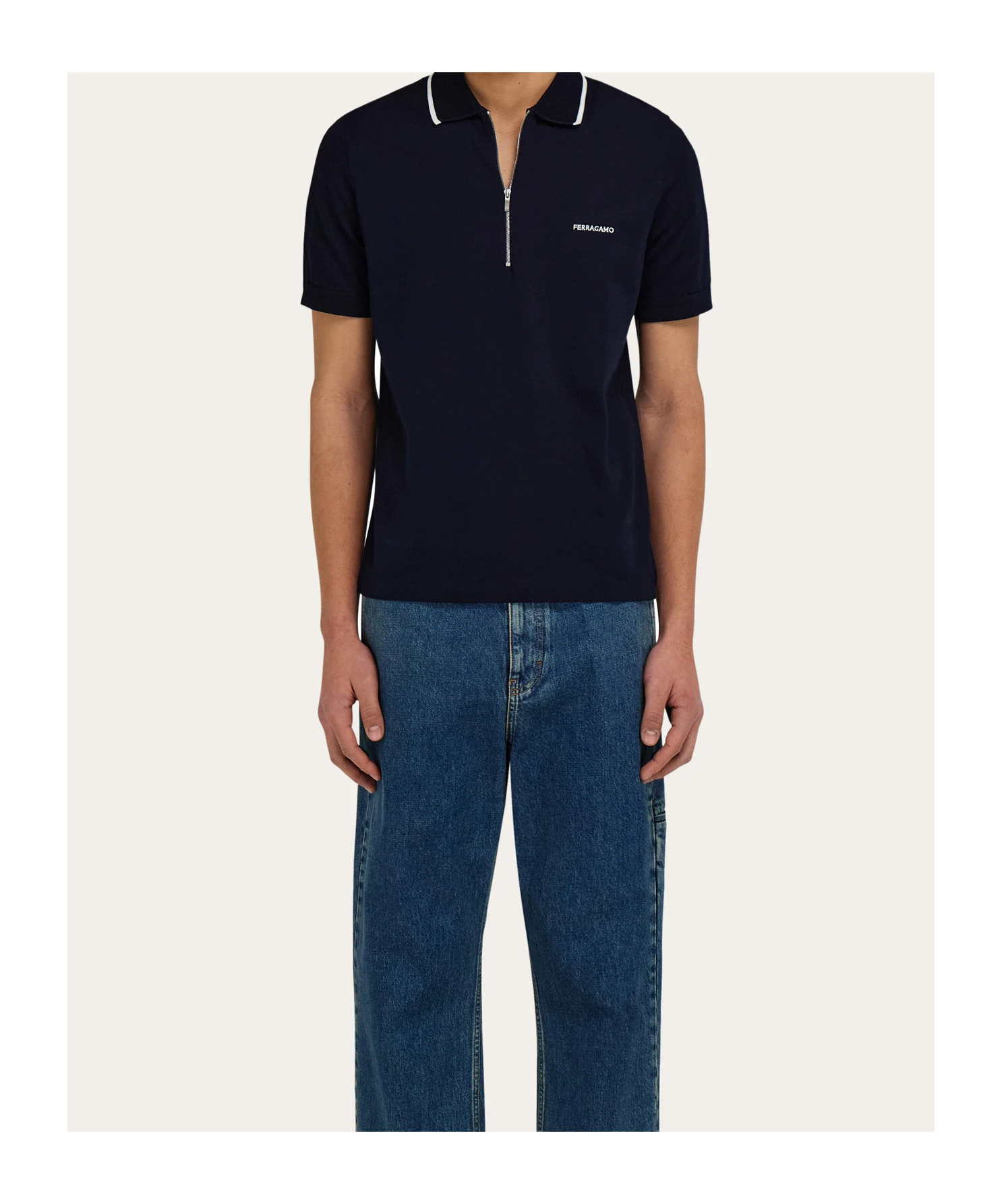 Ferragamo Cotton Polo Shirt With Zip Closure In Blue