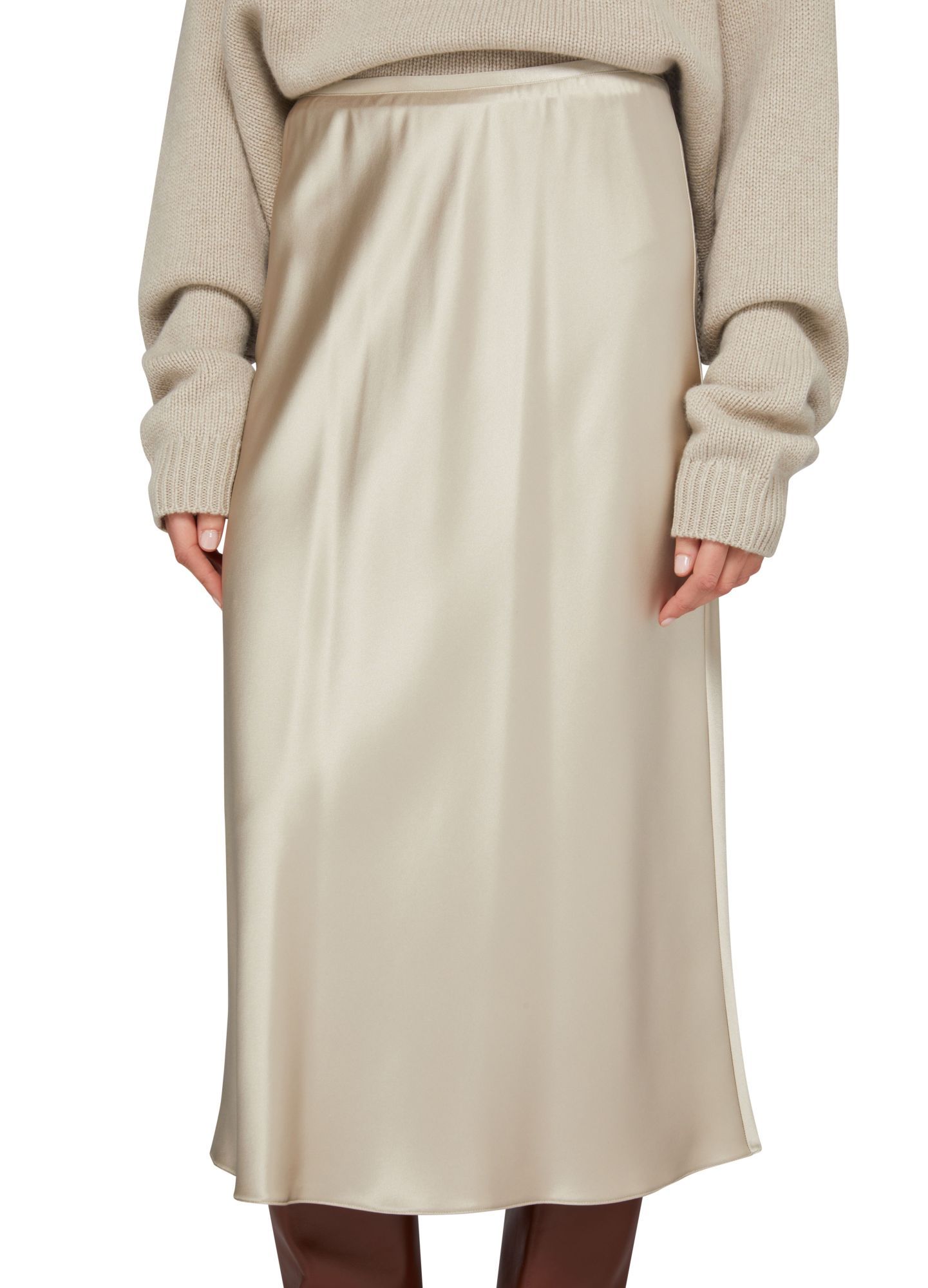 Max Mara Satin Finish Midi Skirt With Flowing Silhouette In Nude