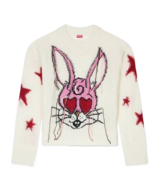 Kenzo ' Cartoon' Jumper In Mixed Hairy Wool Alpaca In White