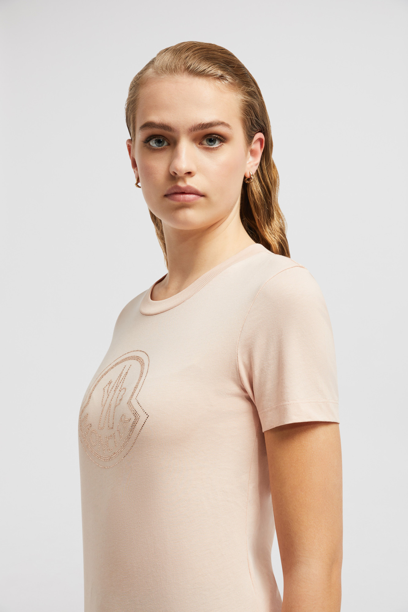 Moncler Logo Crystal-embellished Cotton T-shirt In Pink