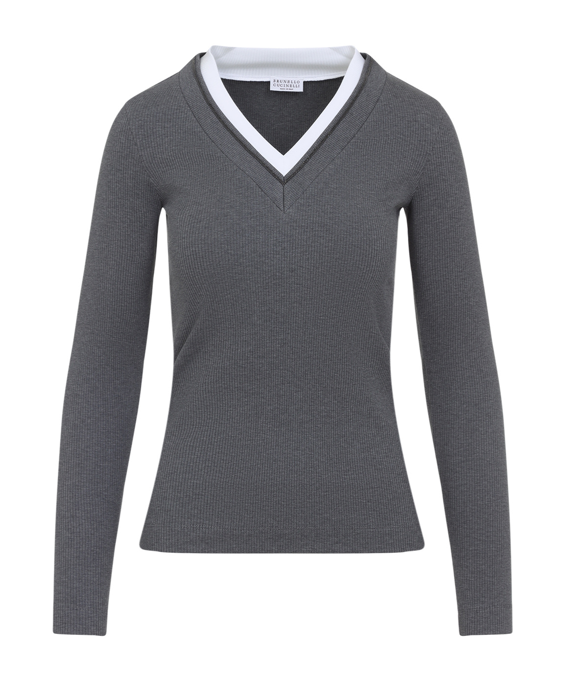 Brunello Cucinelli Ribbed Long Sleeves Top With Contrast Trim In Gray