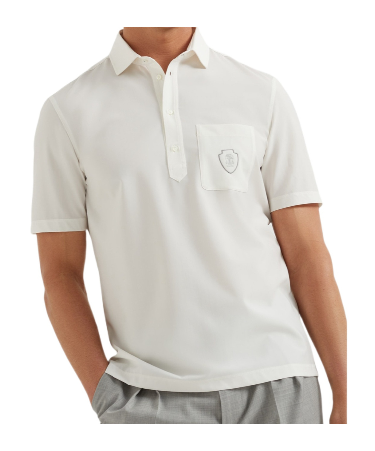 Brunello Cucinelli Men Ivory Virgin Wool Canvas Logo Polo Shirt In White