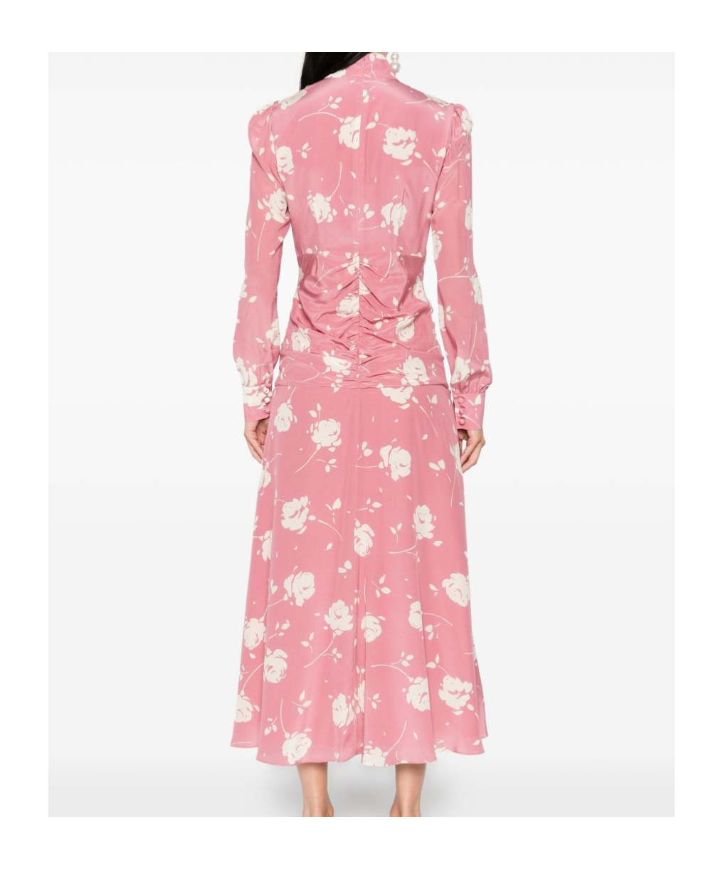 Alessandra Rich Bow-embellished Gathered Floral-print Silk-georgette Midi Dress In Pink