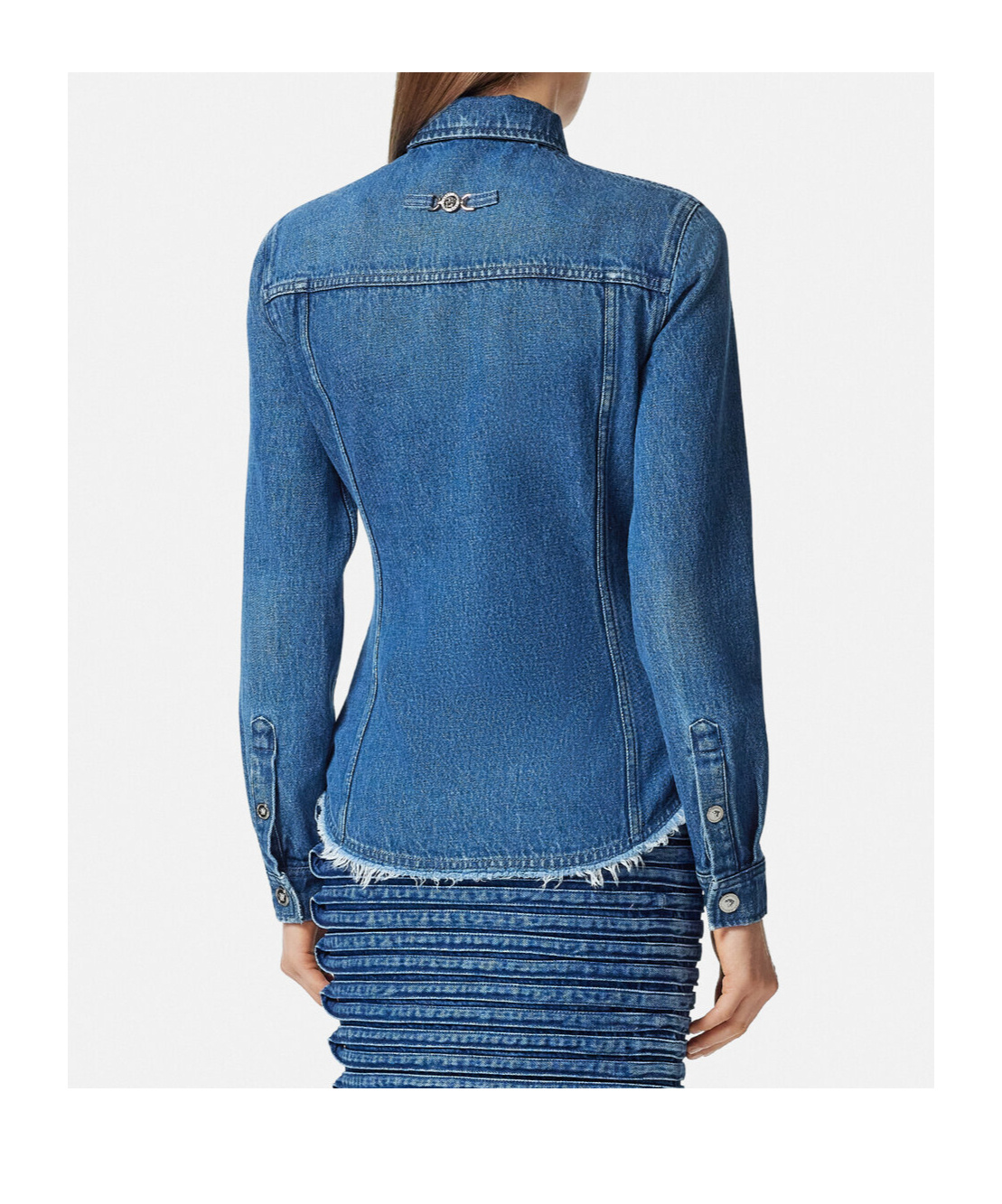 Versace Women Denim Shirt With Frayed Edges In Blue