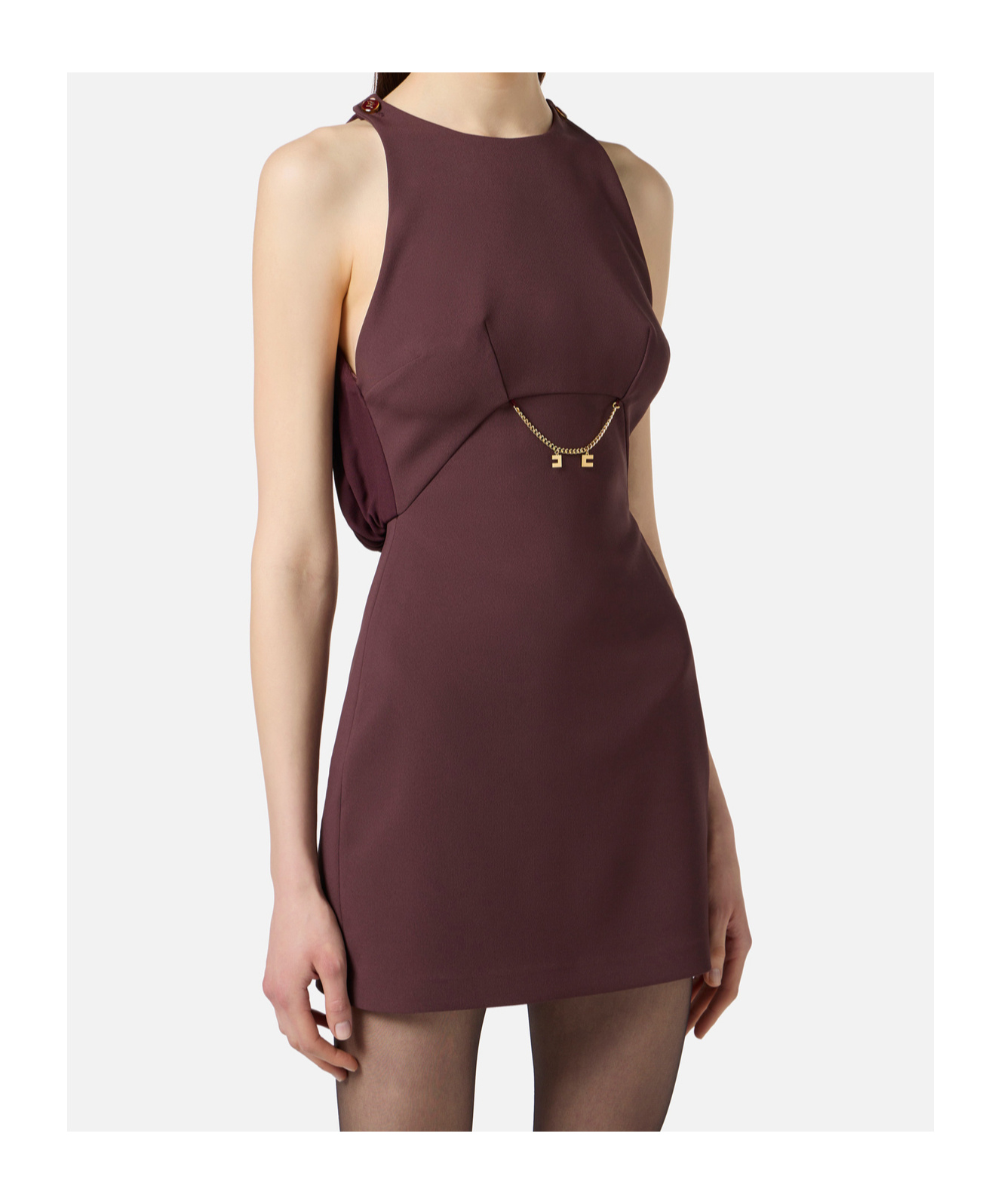 Elisabetta Franchi Bordeaux Sleeveless Dress With Chain Decoration On The Front In Fabric Woman In Brown